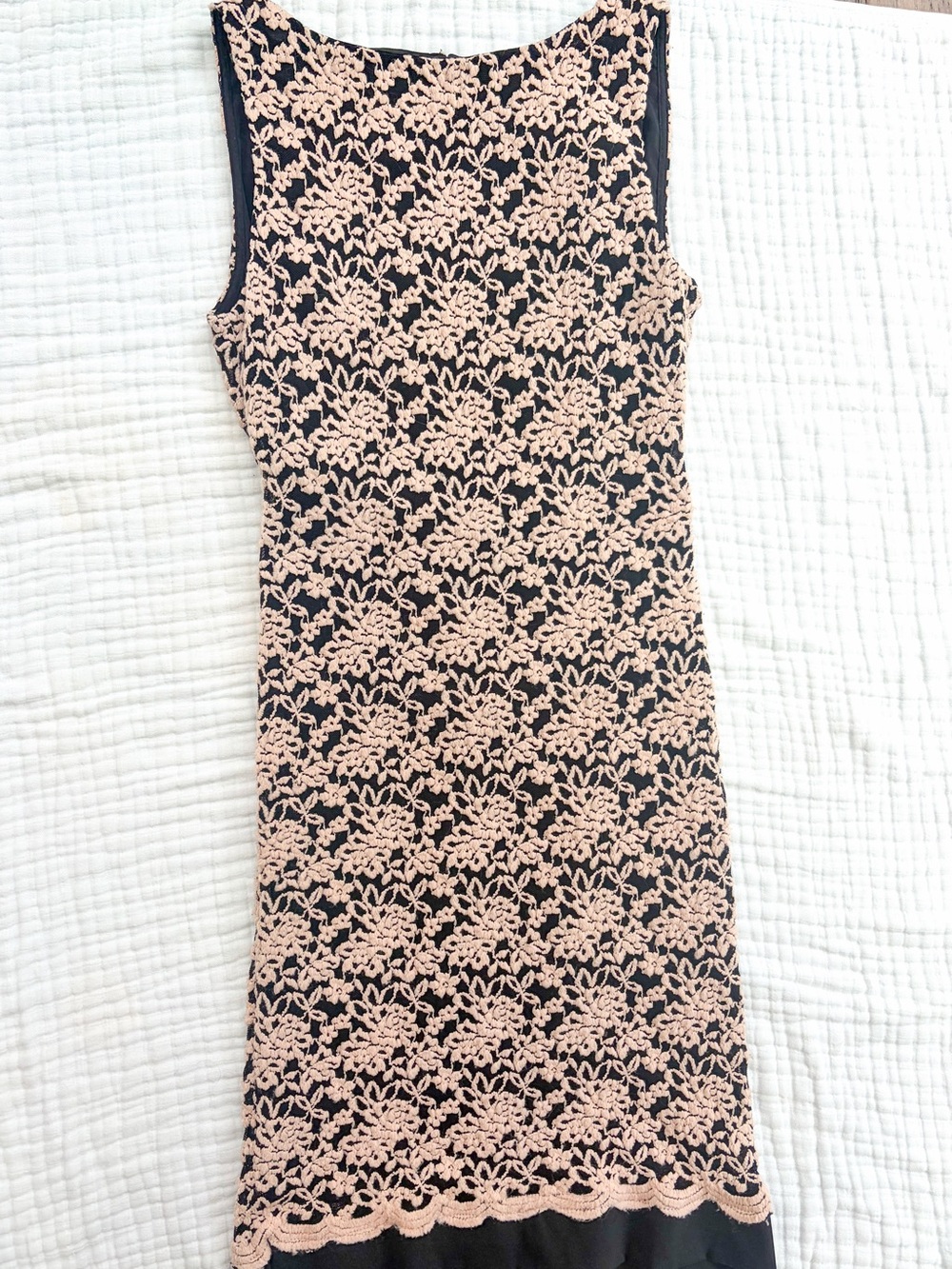 Alice + Olivia Size 6 Black Ivory Embroidered Lace Stretch Sheath Dress